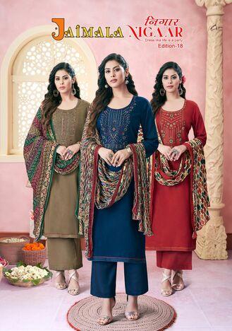 JAIMALA NIGAAR EDITION 18 RAYON SLUB EMBROIDERY SUITS BY ALOK SUITS