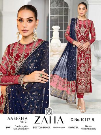 ZAHA AAEESHA VOL 3 GEORGETTE EMBROIDERY PAKISTANI SUITS SUPPLIER SURAT