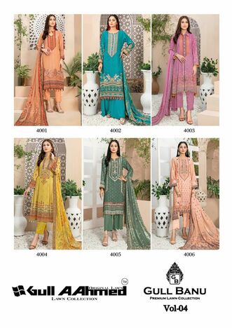 GULL AAHMED GULL BANU VOL 4 PURE LAWN KARACHI SUITS WHOLESALE