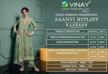 VINAY KASEESH SAANVI HIT LIST DOLA THREAD EMBROIDERED SUITS AT SURAT