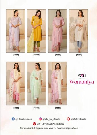 S4U WOMANIYA 1001 TO 1007 SERIES KURTI PANT WITH DUPATTA 3PCS SET NEW CATALOGUE