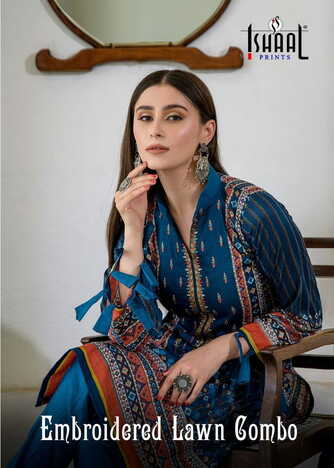 ISHAAL PRINTS EMBROIDERED LAWN COMBO KARACHI SUITS AT BEST PRICE